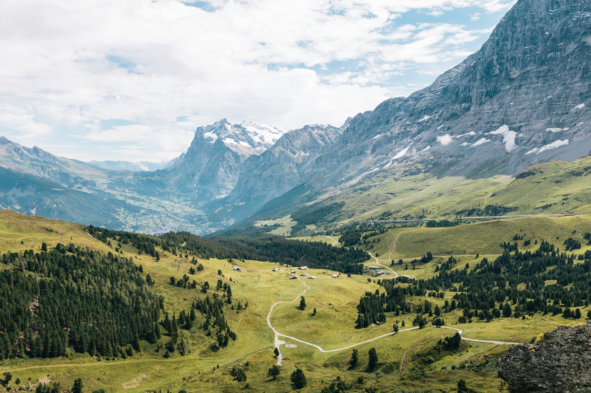 Green alpine valley beneath the snow-streaked Bernese Alps